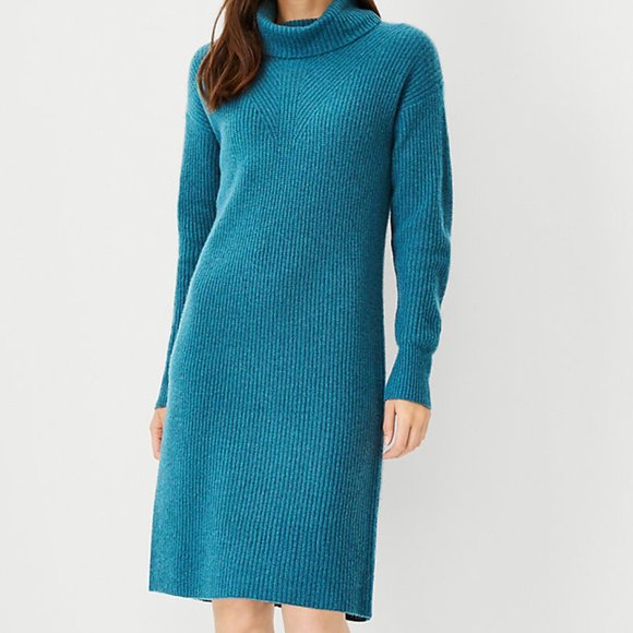 NWT-M- Ann Taylor Ribbed Cashmere Turtleneck Dress -Deep Emerald